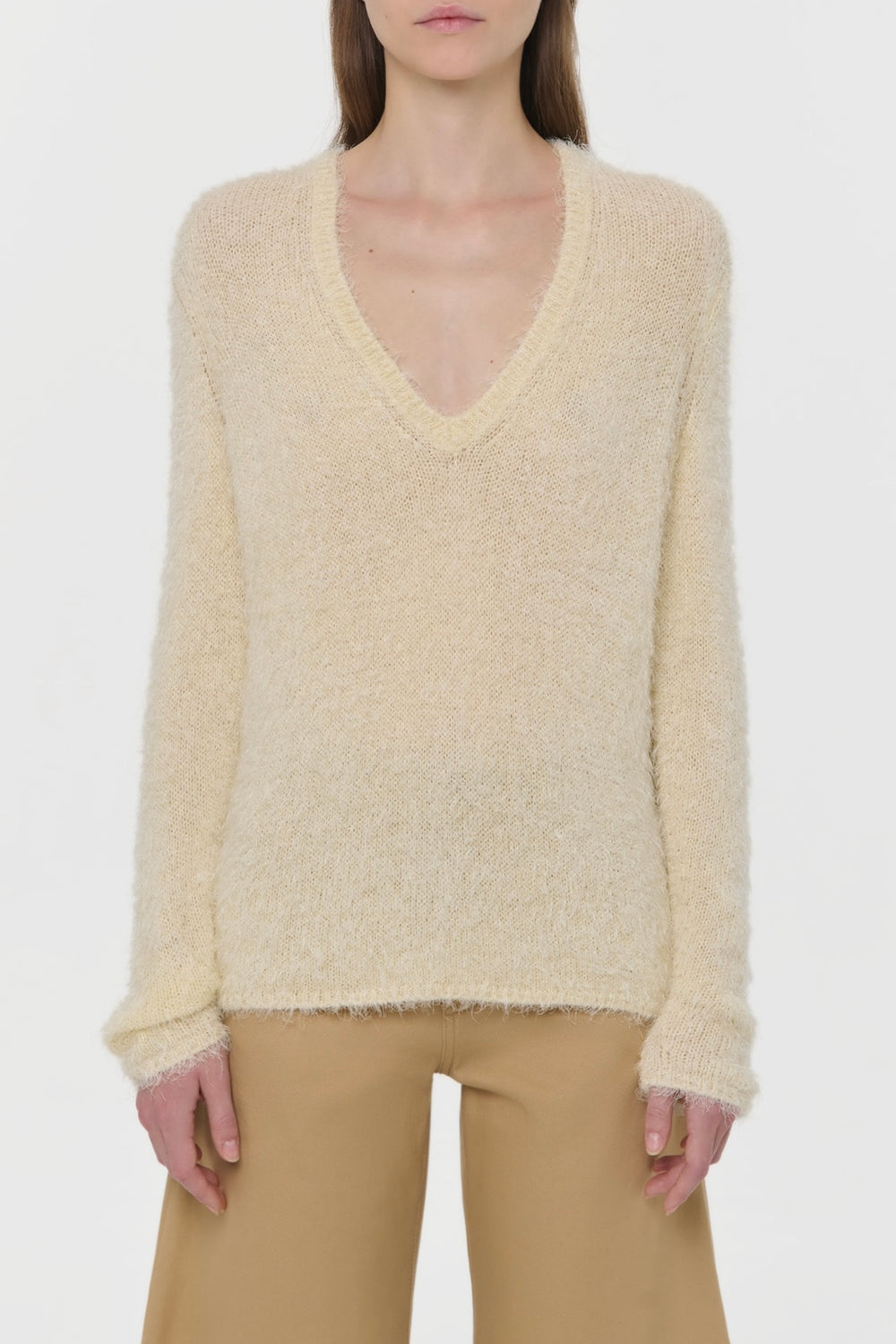 Neoma Knit V-Neck Sweater in Off White Silk Cashmere