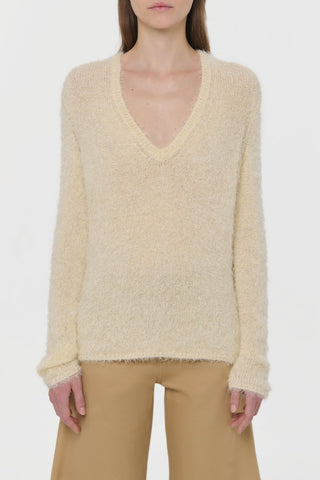 Neoma Knit V-Neck Sweater in Off White Silk Cashmere