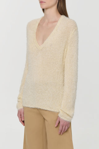 Off White Silk Cashmere Neoma V-Neck Sweater - On Model Side Profile | Gabriela Hearst
