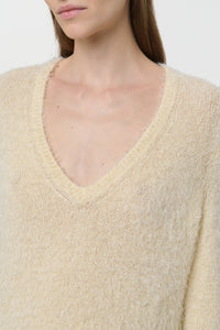 Neoma Knit V-Neck Sweater in Off White Silk Cashmere
