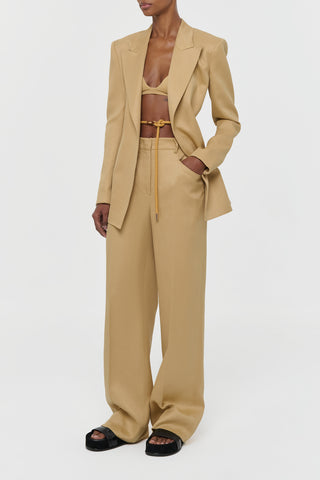 Wheat Linen Blazer with Gold Chain Belt - Three Quarter Front View On Model | Gabriela Hearst