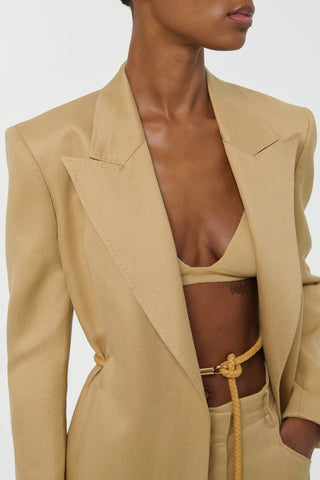 Wheat Linen Blazer Peak Lapel Detail - Close Up Front View with Gold Chain | Gabriela Hearst
