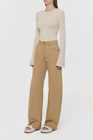 Off White Silk Rafa Knit Top with Bell Sleeves - Three Quarter View On Model | Gabriela Hearst