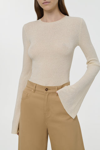 Off White Silk Rafa Knit Top Bell Sleeve Detail - Close Up View | Gabriela Hearst