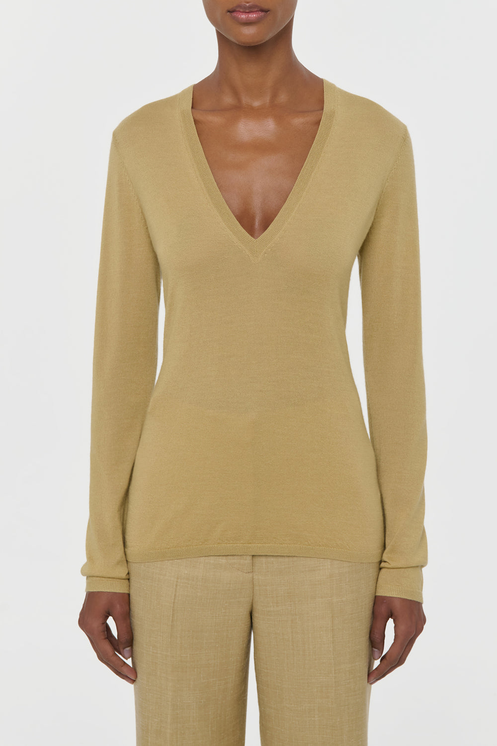 Clementia Knit V-Neck Sweater in Hay Cashmere Silk