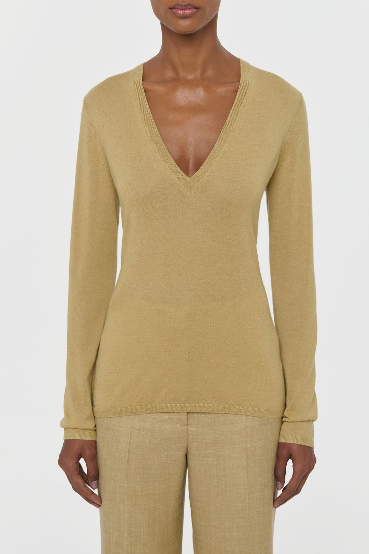 Clementia Knit V-Neck Sweater in Hay Cashmere Silk
