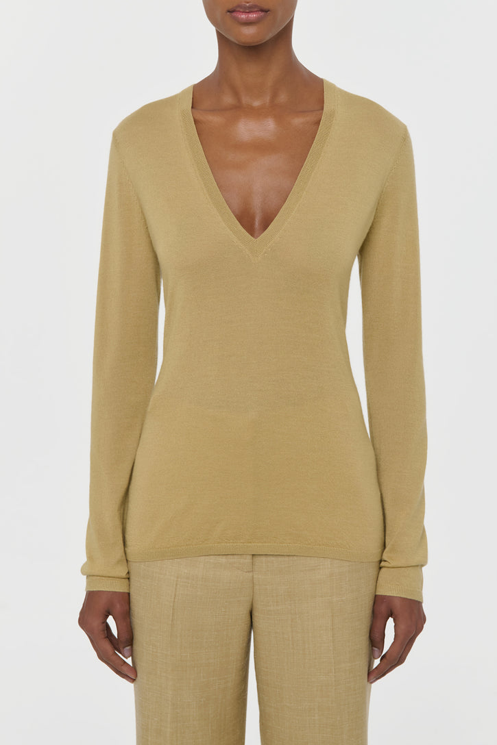 Clementia Knit V-Neck Sweater in Hay Cashmere Silk
