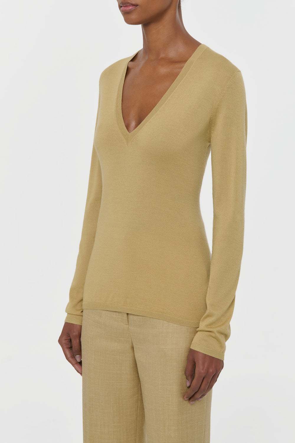 Clementia Knit V-Neck Sweater in Hay Cashmere Silk