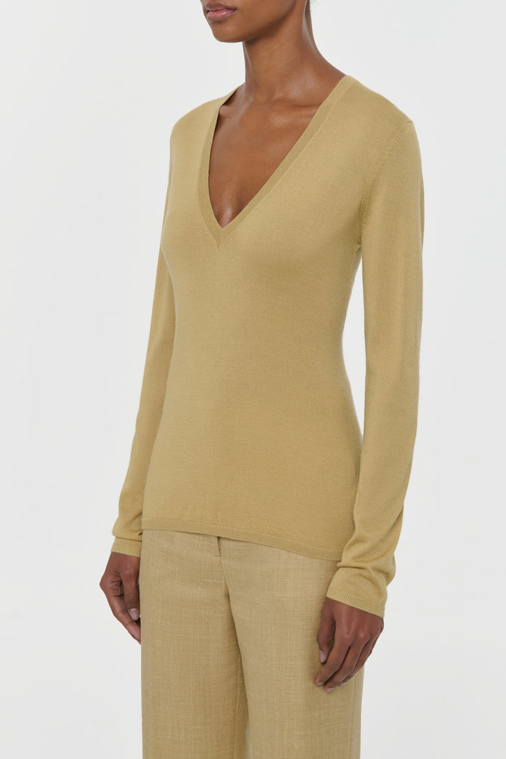 Clementia Knit V-Neck Sweater in Hay Cashmere Silk
