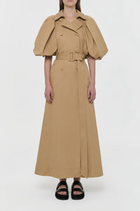 Aeon Puff Sleeve Trench Coat in Camel Sea Island Cotton Twill
