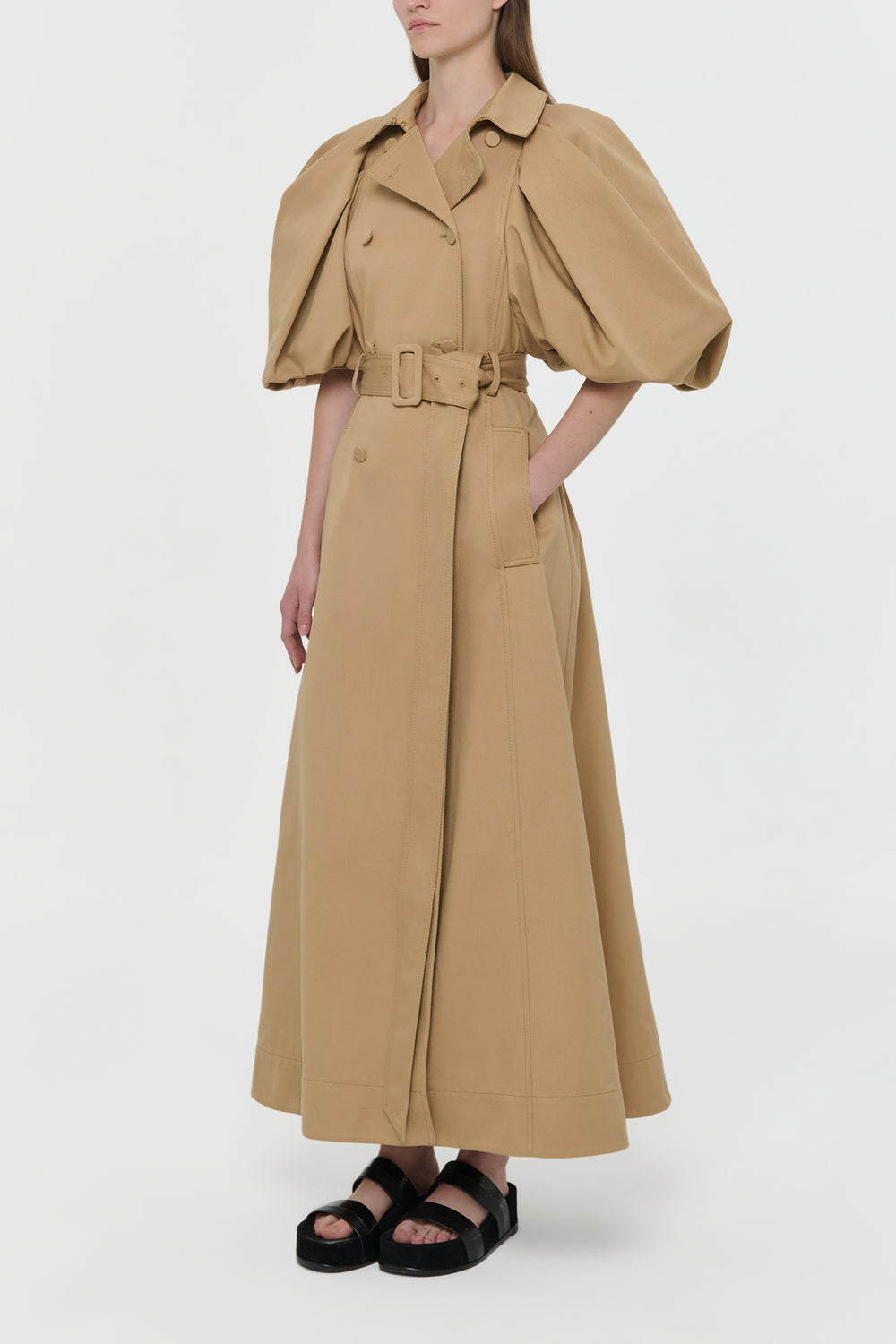 Aeon Puff Sleeve Trench Coat in Camel Sea Island Cotton Twill