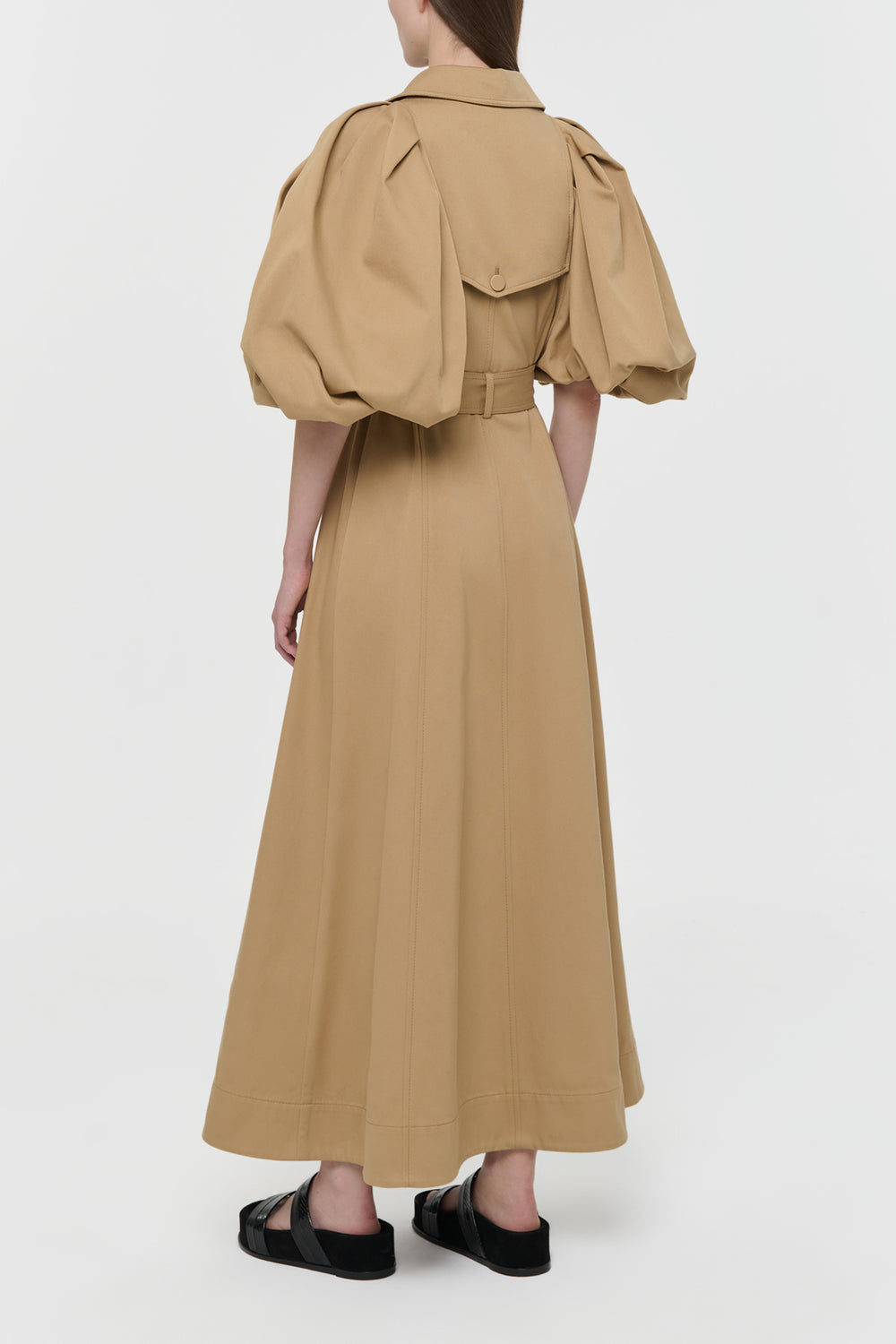 Aeon Puff Sleeve Trench Coat in Camel Sea Island Cotton Twill