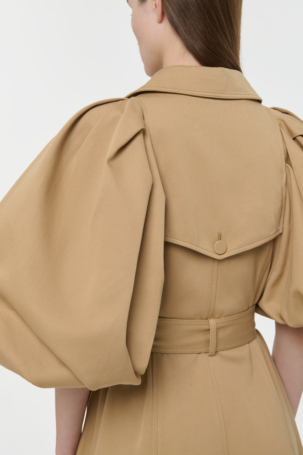 Aeon Puff Sleeve Trench Coat in Camel Sea Island Cotton Twill