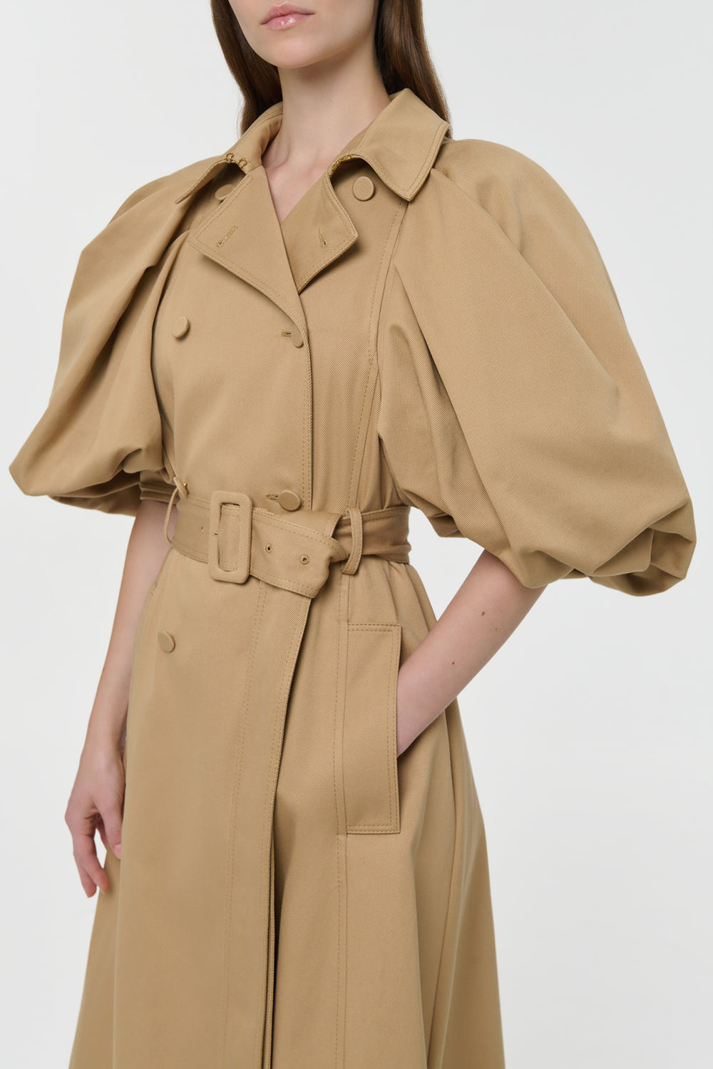 Aeon Puff Sleeve Trench Coat in Camel Sea Island Cotton Twill