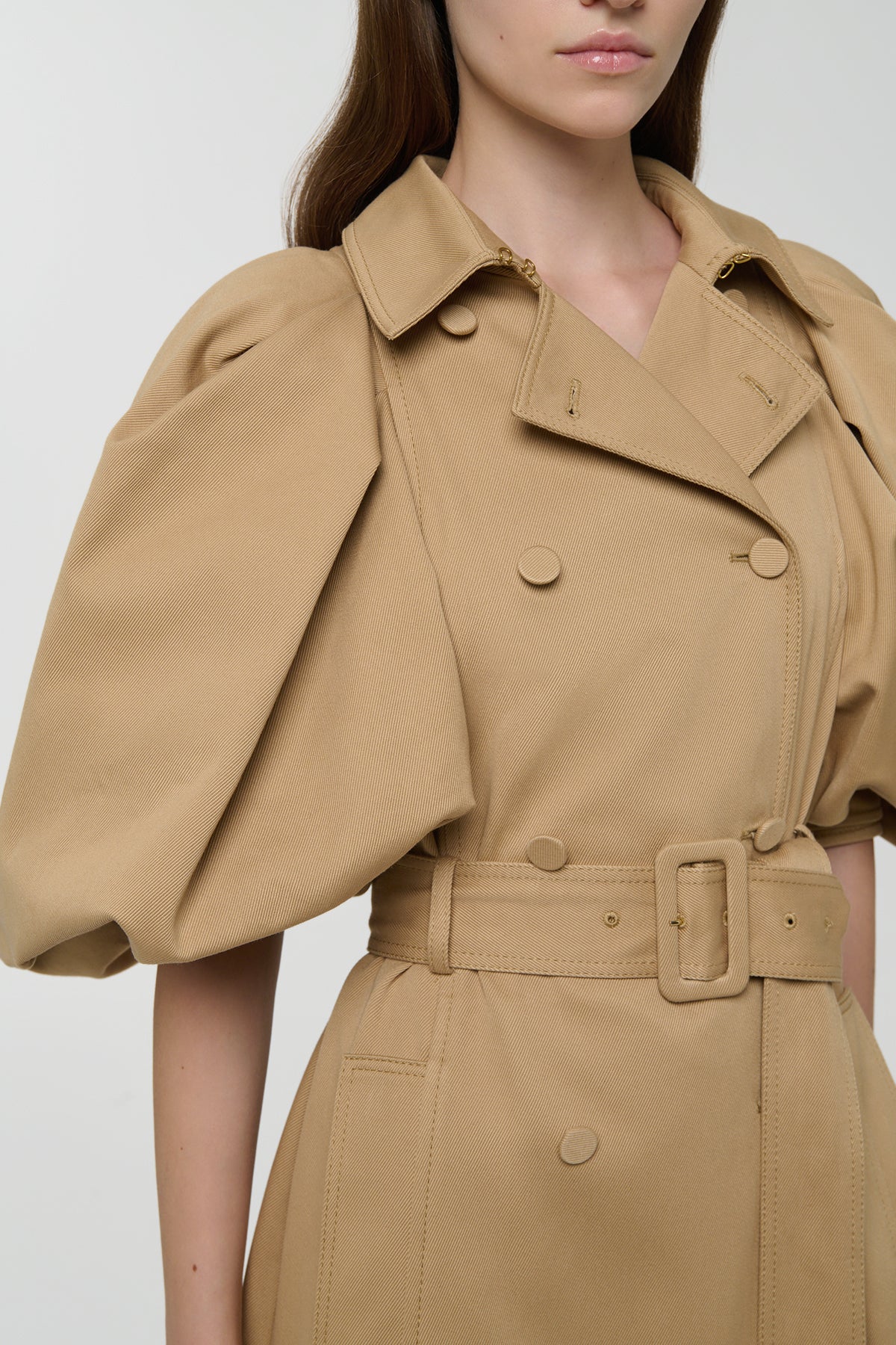 Aeon Puff Sleeve Trench Coat in Camel Sea Island Cotton Twill