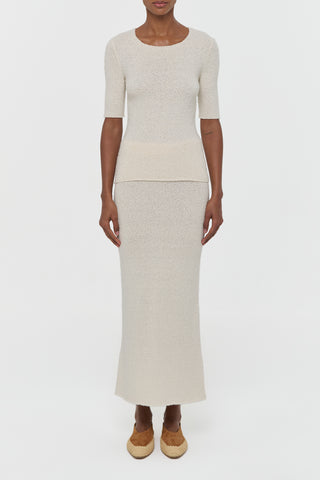 Off White Silk Knit T-Shirt and Skirt Set - Front On Model | Gabriela Hearst