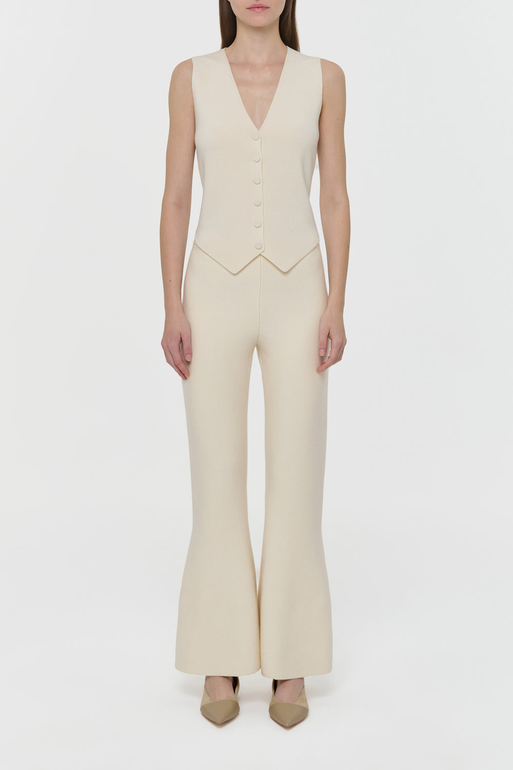 Ayala Flare Cropped Knit Pant in Off White Merino Wool Cashmere