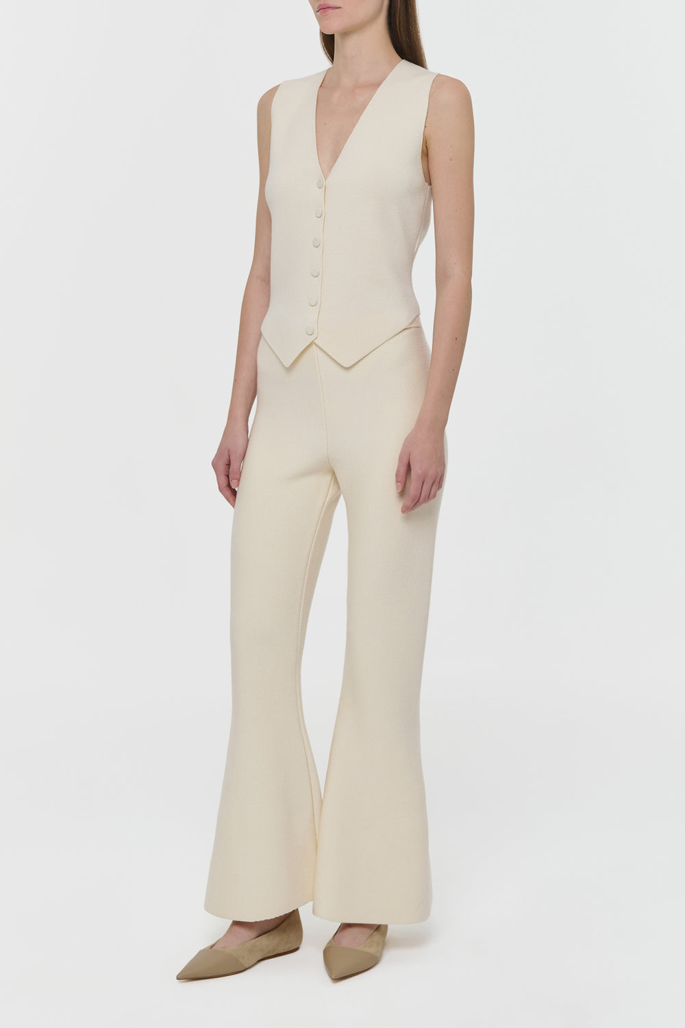 Ayala Flare Cropped Knit Pant in Off White Merino Wool Cashmere