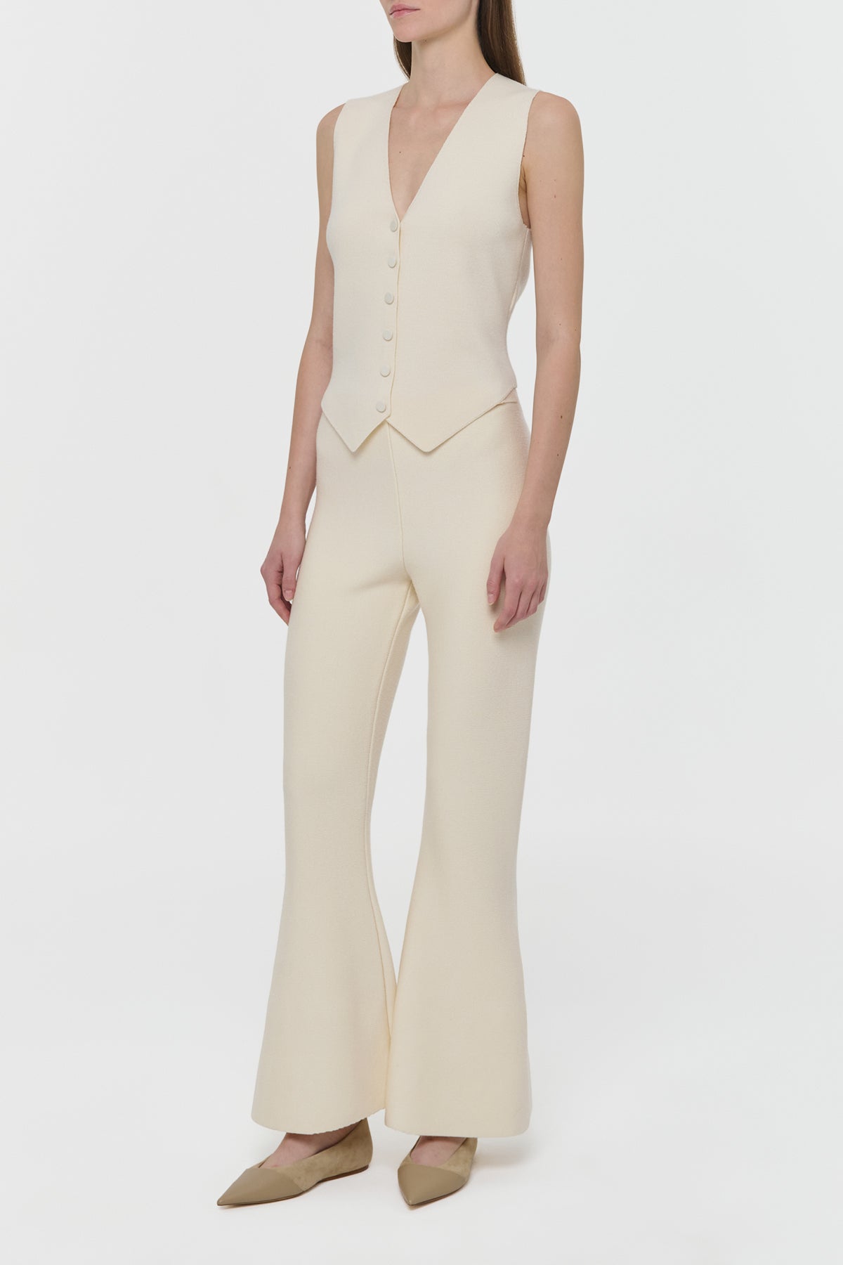 Ayala Flare Cropped Knit Pant in Off White Merino Wool Cashmere