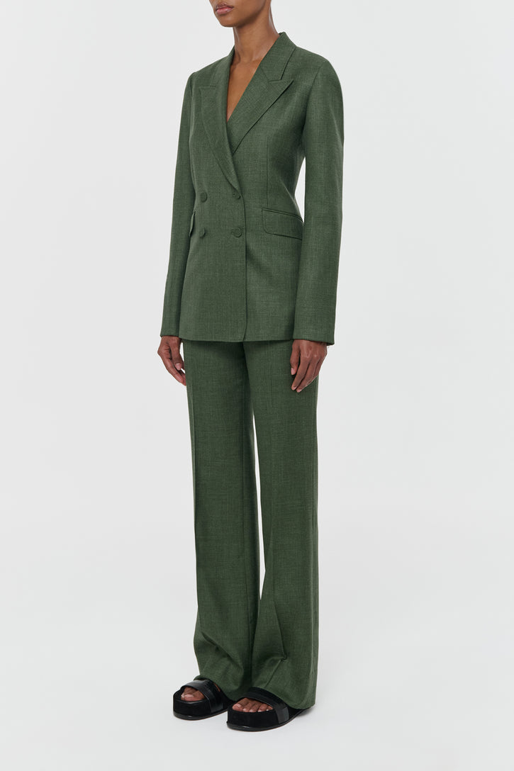 Vesta Flare Pant in Olive Virgin Wool Silk with Linen