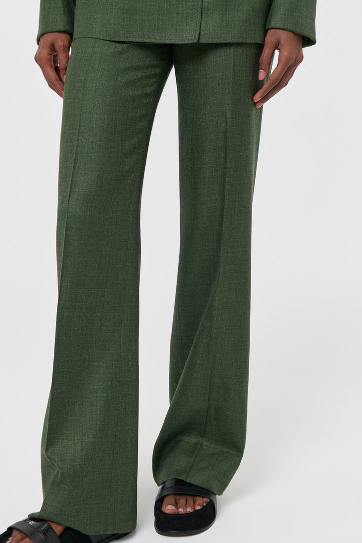 Vesta Flare Pant in Olive Virgin Wool Silk with Linen