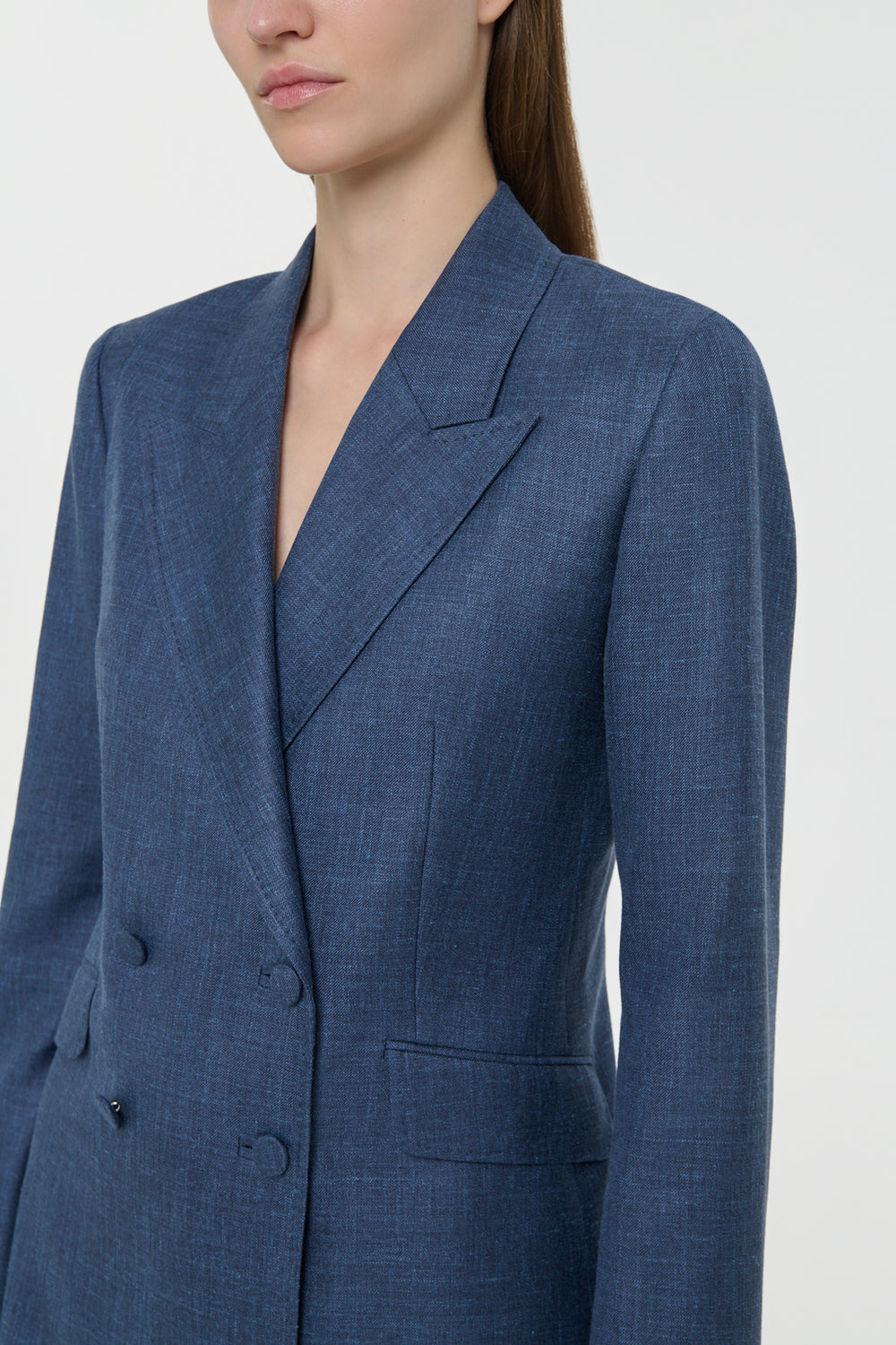 Angela Blazer in Denim Virgin Wool Silk with Linen
