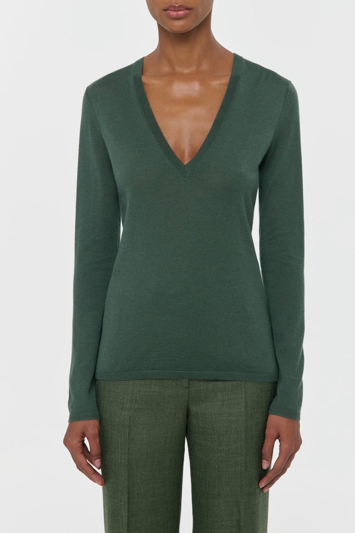 Clementia Knit V-Neck Sweater in Olive Cashmere Silk