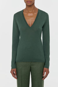 Clementia Knit V-Neck Sweater in Olive Cashmere Silk