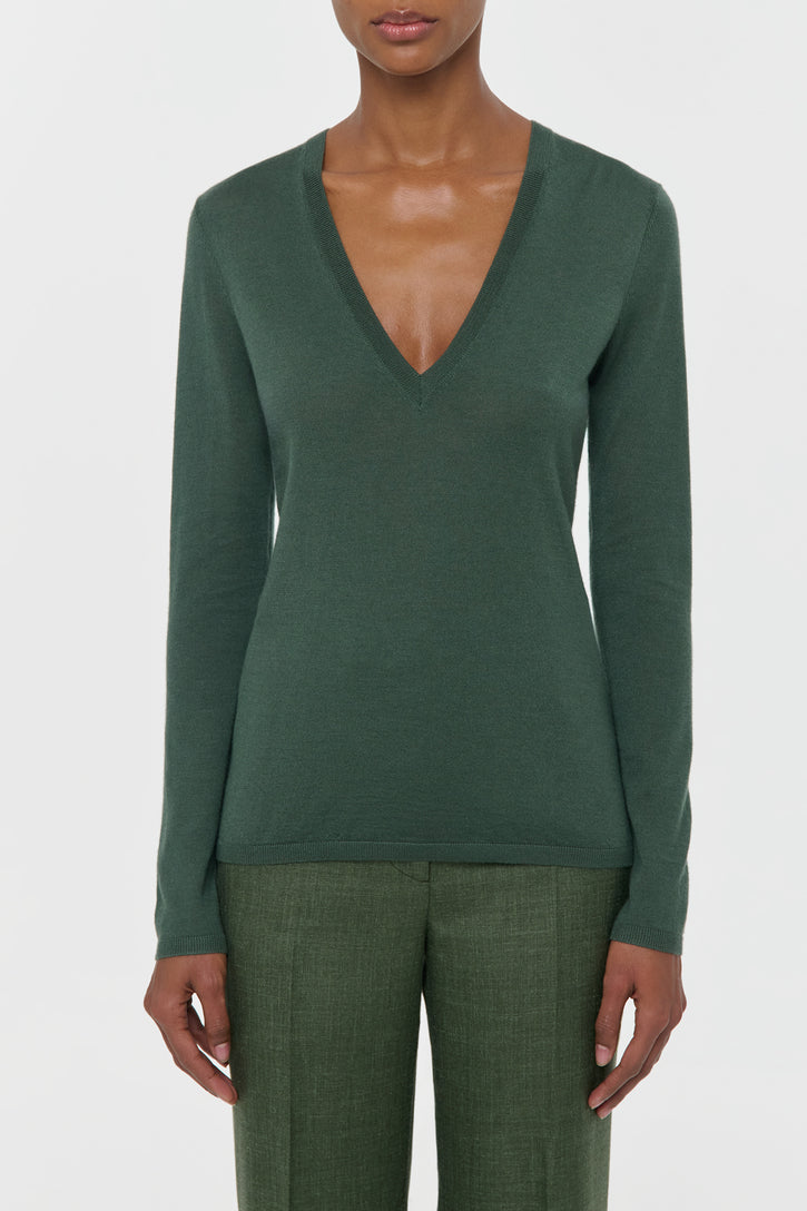 Clementia Knit V-Neck Sweater in Olive Cashmere Silk