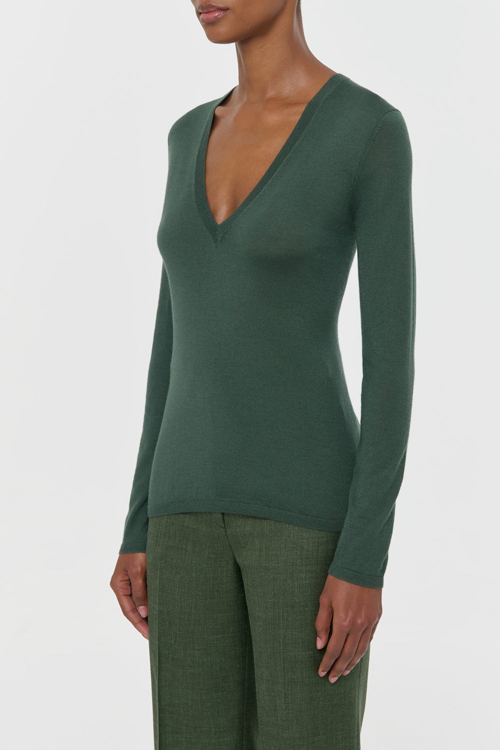 Clementia Knit V-Neck Sweater in Olive Cashmere Silk