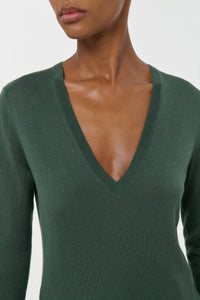Clementia Knit V-Neck Sweater in Olive Cashmere Silk