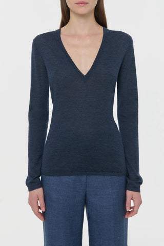 Denim Cashmere Silk V-Neck Sweater - Front View On Model | Gabriela Hearst