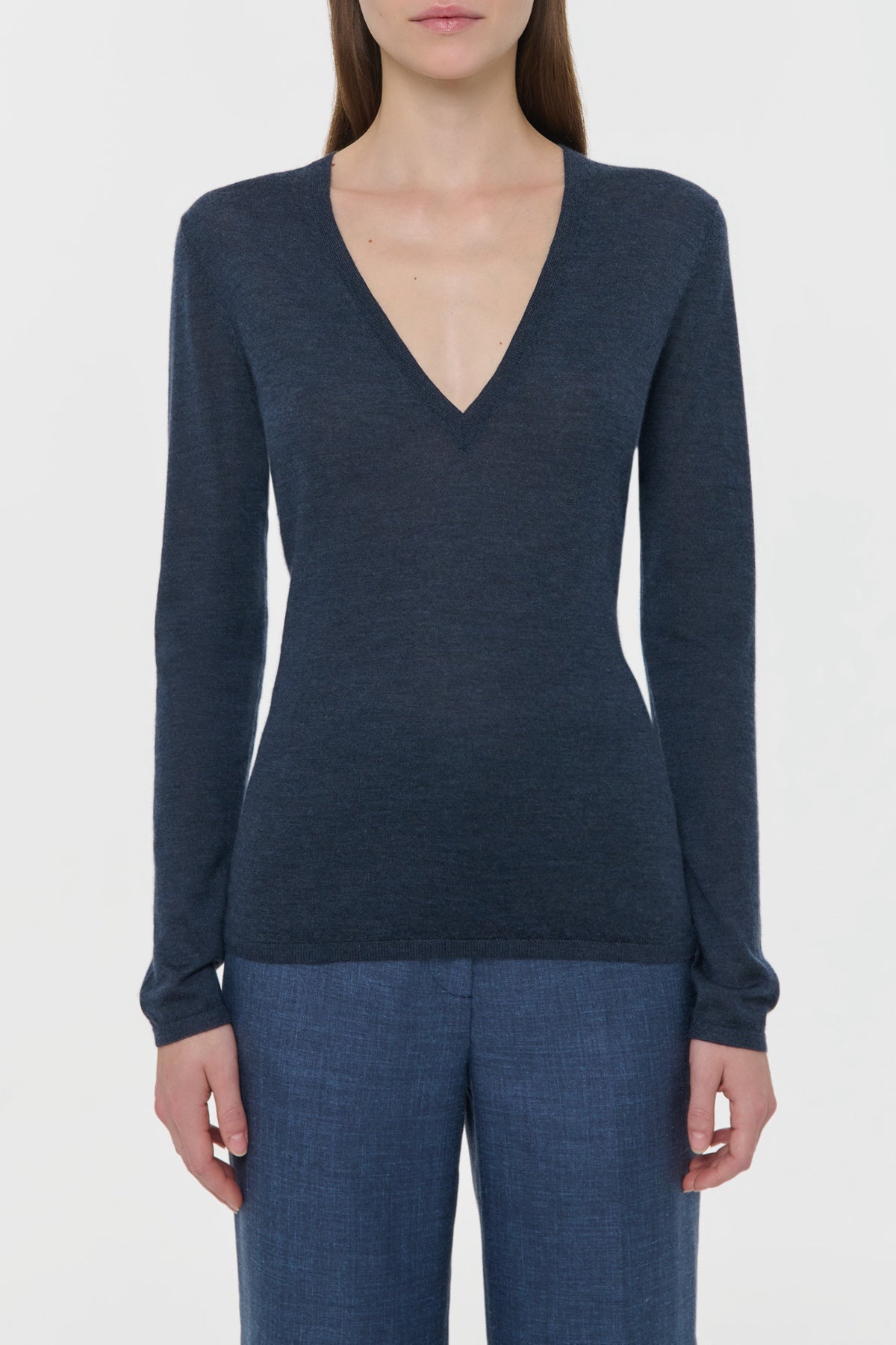 Clementia Knit V-Neck Sweater in Denim Cashmere Silk