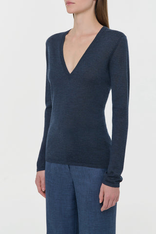 Denim Cashmere Silk V-Neck Sweater - Side Profile On Model | Gabriela Hearst