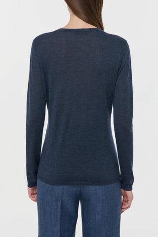 Denim Cashmere Silk V-Neck Sweater - Back View On Model | Gabriela Hearst