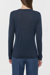 Clementia Knit V-Neck Sweater in Denim Cashmere Silk