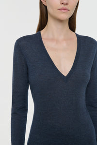 Clementia Knit V-Neck Sweater in Denim Cashmere Silk