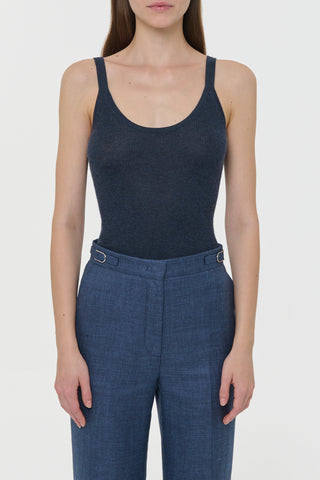 Denim Cashmere Silk Cinxia Tank Top - Front On Model | Gabriela Hearst