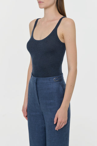 Denim Cashmere Silk Cinxia Tank Top - Side View On Model | Gabriela Hearst