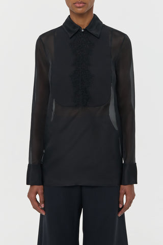 Black Silk Organza Oriana Blouse with Lace Tuxedo Bib - On Model Front View | Gabriela Hearst
