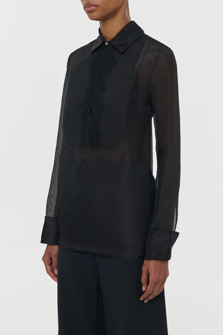 Black Silk Organza Oriana Blouse with Mandarin Collar - On Model Side View | Gabriela Hearst