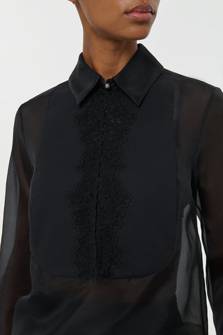 Black Lace Bib Detail on Silk Organza Oriana Blouse - Close Up Detail | Gabriela Hearst
