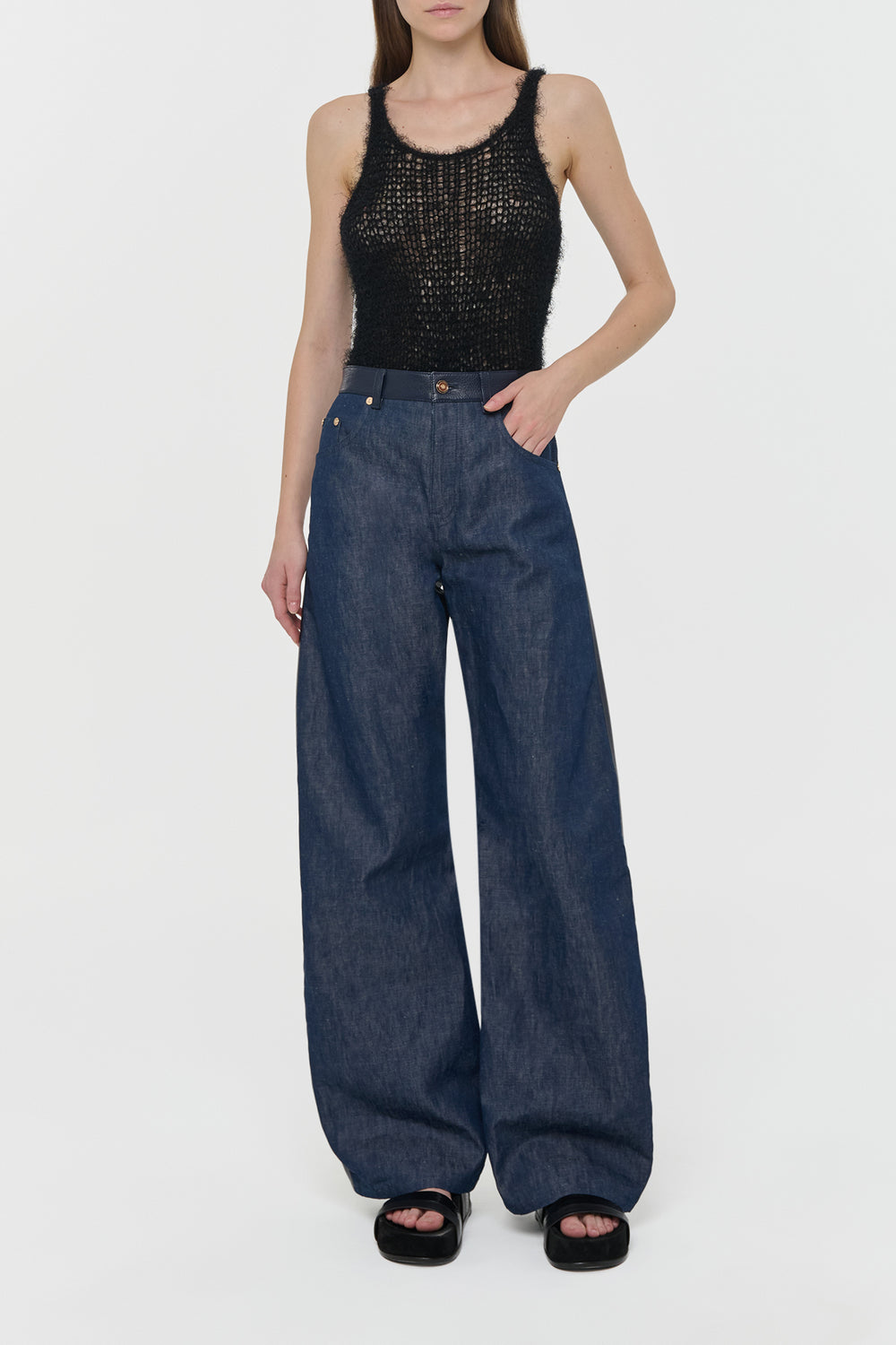 Lucian Barrel-leg Jean in Indigo Blue Recycled Cotton Linen Denim & Textured Leather