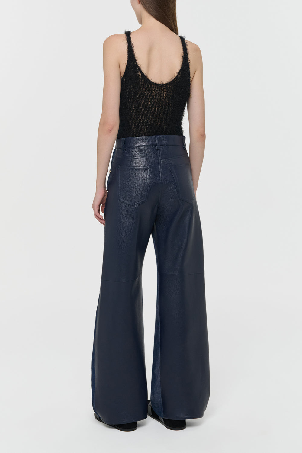 Lucian Barrel-leg Jean in Indigo Blue Recycled Cotton Linen Denim & Textured Leather