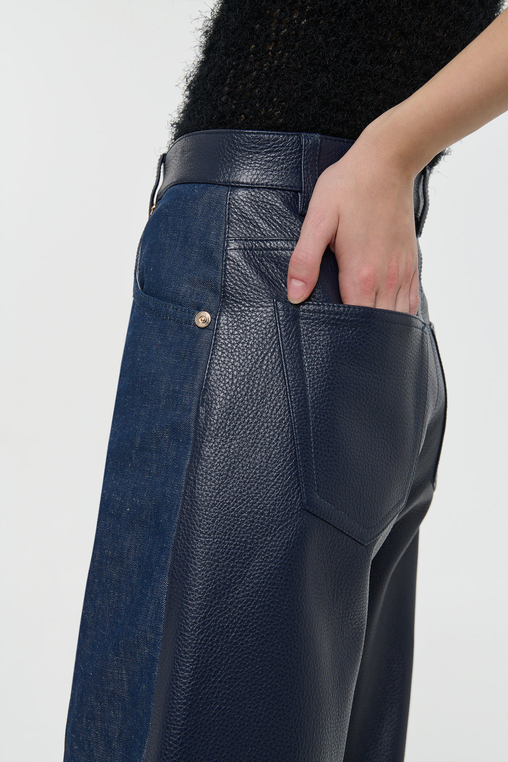 Lucian Barrel-leg Jean in Indigo Blue Recycled Cotton Linen Denim & Textured Leather