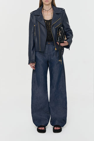 Dark Navy Anton Moon Biker Jacket - On Model Full Look | Gabriela Hearst