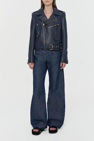Dark Navy Deerskin Biker Jacket - Studio Front View | Gabriela Hearst