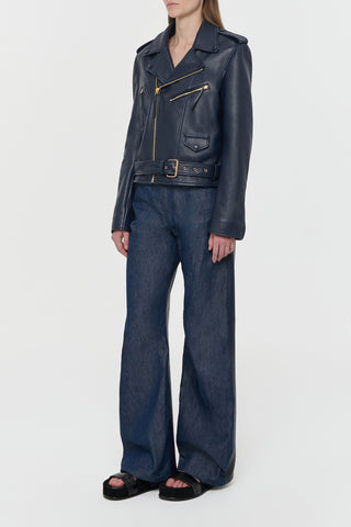 Dark Navy Anton Moon Biker Jacket - Studio Side Angle | Gabriela Hearst