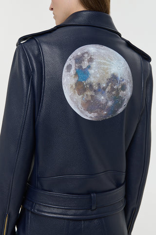 Dark Navy Leather Jacket with Hand-Painted Moon Art - Back Close-Up | Gabriela Hearst