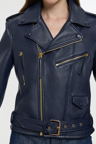 Dark Navy Anton Moon Biker Jacket - Front Zipper Detail | Gabriela Hearst